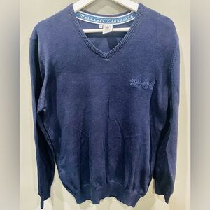 Men’s Maserati Classiche Navy Blue V-neck Sweater Embroidered Logo Size XL